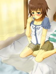 Rule 34 | 1girl, barefoot, bedwetting, blush, brown hair, copyright request, green eyes, peeing, short hair, solo, tears