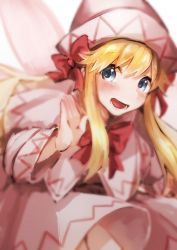 Rule 34 | 1girl, blonde hair, blue eyes, bow, dress, fairy wings, hat, lily white, long hair, nooca, open mouth, smile, solo, touhou, wings