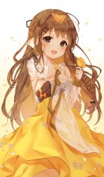 Rule 34 | 1girl, :d, absurdres, ahoge, animal, animal on hand, blush, braid, breasts, brown background, brown eyes, brown hair, brown ribbon, bug, butterfly, butterfly on hand, commentary, flower, girls&#039; frontline, gradient background, hair ornament, hair ribbon, hairclip, hanbok, hands up, highres, insect, juliet sleeves, k2 (far east princess) (girls&#039; frontline), k2 (girls&#039; frontline), korean clothes, long hair, long sleeves, official alternate costume, open mouth, puffy sleeves, reel (riru), ribbon, small breasts, smile, solo, very long hair, white background, white flower
