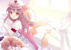 Rule 34 | 1girl, bed, bow, brown hair, cat, commentary request, eggplant, hat, indoors, kashiwaba en, long hair, looking at viewer, looking back, lying, natori sana, nurse cap, on bed, on stomach, pillow, puffy short sleeves, puffy sleeves, red eyes, revision, sana channel, short sleeves, skirt, solo, thighhighs, thighs, two side up, virtual youtuber, white skirt, white thighhighs, window, zettai ryouiki