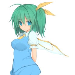 Rule 34 | 1girl, arms behind back, blue eyes, breasts, daiyousei, denpaken pochi, female focus, green hair, pochi (potihouse), short hair, side ponytail, simple background, smile, solo, touhou, upper body, white background, wings