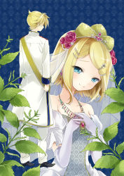 Rule 34 | 1boy, 1girl, bad id, bad pixiv id, bare shoulders, blonde hair, blue eyes, bride, brother and sister, dress, earrings, elbow gloves, flower, formal, gloves, hair flower, hair ornament, hairclip, happy tears, jewelry, kagamine len, kagamine rin, kona (canaria), necklace, pendant, plant, short hair, siblings, smile, suit, tears, twins, vocaloid, wedding dress, white dress, white gloves, white suit