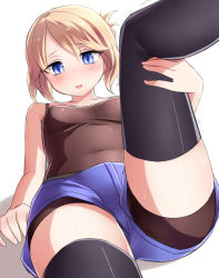 Rule 34 | 1girl, blonde hair, blue eyes, blush, commentary request, folded ponytail, hair between eyes, hand on leg, highres, leg up, lying, neit ni sei, on back, open mouth, original, pala bergsson, shadow, shiny skin, shorts, sleeveless, solo, tank top, thighhighs, thighs, trembling, white background