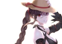 Rule 34 | 1girl, adjusting clothes, adjusting headwear, bad id, bad pixiv id, black dress, black hair, black sleeves, braid, breasts, cleavage, detached sleeves, dress, fate/grand order, fate (series), glasses, hat, hat ribbon, large breasts, long braid, long hair, looking at viewer, o-ring, red eyes, red ribbon, ribbon, scal2let, simple background, single braid, smile, solo, straw hat, upper body, very long hair, white background, yu mei-ren (fate), yu mei-ren (festival outfit) (fate)