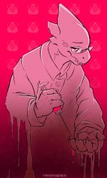Rule 34 | 1girl, alphys, artist name, blood, creature, furry, furry female, glasses, gradient background, half-closed eyes, highres, looking down, monochrome, pince-nez, pink background, pink blood, pink eyes, pink theme, solo, syringe, teeth, tratser enoyreve, undertale, upper body