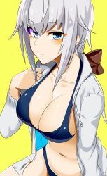 Rule 34 | 1girl, architect (frame arms girl), bikini, blue bikini, blue eyes, blush, bow, breasts, cleavage, closed mouth, doko tetora, frame arms girl, grey hair, grey jacket, hair bow, hand up, jacket, large breasts, looking at viewer, navel, open clothes, open jacket, red bow, simple background, solo, swimsuit, yellow background