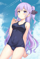 Rule 34 | 1girl, ahoge, arm behind back, azur lane, bare shoulders, black ribbon, blue one-piece swimsuit, blue sky, blush, breasts, cleavage, closed mouth, cloud, collarbone, commentary request, covered erect nipples, covered navel, cowboy shot, day, hair between eyes, hair bun, hair ribbon, hand up, highres, long hair, looking at viewer, medium breasts, one-piece swimsuit, one side up, purple eyes, purple hair, ribbon, school swimsuit, side bun, sidelocks, single hair bun, single side bun, sky, solo, standing, sweatdrop, swimsuit, taut clothes, taut swimsuit, unicorn (azur lane), very long hair, yamasan