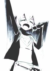 Rule 34 | 10s, 1girl, ^ ^, arm up, closed eyes, highres, idol, jacket, long sleeves, microphone, midriff, mizuno ai, monochrome, navel, open clothes, open mouth, short hair, skirt, smile, solo, spoilers, vicious kage, waving, zombie land saga