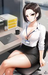 Rule 34 | 1girl, artist logo, artist name, black hair, black skirt, blurry, blurry background, breasts, brown eyes, chair, cleavage, closed mouth, collarbone, collared shirt, computer, crossed legs, cup, desk, dress shirt, highres, id card, indoors, infinote, lanyard, laptop, large breasts, lips, looking at viewer, mug, no bra, office, office chair, office lady, original, pencil skirt, red nails, shirt, shirt tucked in, short hair, signature, sitting, skirt, solo, swivel chair, white shirt, yashiki yuuko (infinote)