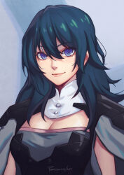 Rule 34 | 1girl, armor, artist name, blue eyes, blue hair, breasts, byleth (female) (fire emblem), byleth (fire emblem), cape, cleavage, closed mouth, commentary request, fire emblem, fire emblem: three houses, grey cape, hair between eyes, highres, long hair, looking at viewer, medium breasts, nintendo, phrecklesart, pink lips, shoulder armor, smile, solo, upper body