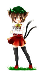 Rule 34 | 1girl, animal ears, black thighhighs, brown eyes, brown hair, cat, cat ears, cat tail, chen, earrings, female focus, full body, hat, hug, jewelry, multiple tails, outdoors, short hair, simple background, solo, tail, thighhighs, touhou, yuuki (ashitahare), zettai ryouiki