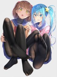 Rule 34 | 2girls, ashida machi, ass, blue eyes, blue hair, blue sailor collar, blue skirt, blush, brown eyes, brown hair, brown legwear, brown sweater, collarbone, commentary request, feet, fine fabric emphasis, fingernails, grey background, grin, gurande (g-size), gusset, hair between eyes, hair bobbles, hair ornament, head tilt, highres, legs, long hair, long sleeves, looking at viewer, multiple girls, no shoes, ooashi ran, open mouth, original, panties, panties under pantyhose, pantyhose, pantyhose tug, pink sweater, pleated skirt, sailor collar, side ponytail, sidelocks, simple background, skirt, sleeves past wrists, smile, soles, star (symbol), star hair ornament, sweater, teeth, thighband pantyhose, toes, two side up, underwear, upper teeth only, very long hair, white panties