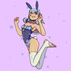 Rule 34 | 1girl, absurdres, artist request, blue eyes, blush, braid, breasts, crown braid, curly hair, gloves, head wings, highres, leotard, long hair, looking at viewer, medium breasts, melia antiqua, one eye closed, playboy bunny, silver hair, simple background, smile, solo, thighhighs, wings, xenoblade chronicles (series), xenoblade chronicles 1