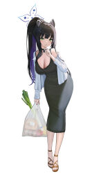 Rule 34 | $hu, 1girl, absurdres, alternate costume, animal ear fluff, animal ears, bag, black choker, black dress, black hair, blue archive, breasts, brown footwear, cat ears, choker, cleavage, closed mouth, colored inner hair, commentary, dress, egg carton, feet, finger to mouth, full body, green eyes, grocery bag, hair ornament, halo, highres, holding, holding bag, jacket, large breasts, light blush, light smile, long dress, long hair, long sleeves, multicolored hair, open clothes, open jacket, plastic bag, ponytail, purple hair, sandals, shopping bag, shun (blue archive), shushing, sidelocks, simple background, solo, spring onion, strappy heels, tight clothes, tight dress, toes, two-tone hair, white background, white jacket