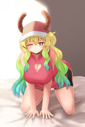 Rule 34 | 10s, 1girl, all fours, alternate costume, bare arms, bare shoulders, baseball cap, bed sheet, bike shorts, black eyes, blonde hair, blush, breasts, china dress, chinese clothes, cleavage, cleavage cutout, clothing cutout, covered erect nipples, cowfee, dragon girl, dragon horns, dress, full body, gradient hair, green hair, hanging breasts, hat, heart cutout, highres, horns, indoors, kobayashi-san chi no maidragon, large breasts, long hair, looking at viewer, lucoa (maidragon), multicolored hair, pink dress, smile, solo, thighhighs, yellow pupils