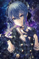 Rule 34 | 1girl, ascot, belt, beret, blue eyes, blue gloves, blue hair, blue nails, bow, bracelet, charm (object), choker, constellation, gloves, grey hat, grin, hair bow, hara guide, hat, hat ribbon, highres, holding, holding microphone, hololive, hoshimachi suisei, hoshimachi suisei (1st costume), jewelry, lips, long hair, looking at viewer, microphone, nail polish, partially fingerless gloves, plaid ascot, plaid headwear, ribbon, ringlets, side ponytail, sidelocks, smile, solo, star (symbol), star choker, starry background, tsurime, virtual youtuber, wavy hair