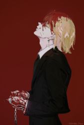 Rule 34 | 1boy, adam&#039;s apple, black jacket, black necktie, blonde hair, blood, blood in hair, blood on clothes, blood on face, blood on hands, chain, closed mouth, collared shirt, colored eyelashes, earrings, eyelashes, closed eyes, facing up, formal, from side, frown, highres, hong 3740, hunter x hunter, jacket, jewelry, kurapika, long sleeves, multiple rings, necktie, own hands together, profile, red background, ring, shirt, short hair, solo, suit, twitter username, upper body, white shirt
