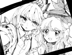 Rule 34 | 2girls, :d, bow, close-up, collared shirt, dot nose, dutch angle, foreshortening, fujiwara no mokou, greyscale, hair bow, hat, hatching (texture), itomugi-kun, kamishirasawa keine, light blush, linear hatching, long hair, looking at viewer, monochrome, multiple girls, open mouth, outstretched arm, parted lips, selfie, shirt, short sleeves, side-by-side, smile, suspenders, tokin hat, torn clothes, torn sleeves, touhou, triangle mouth, upper body, wing collar
