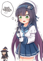 Rule 34 | 2girls, :d, asashio (kancolle), black dress, black hair, black legwear, blue neckwear, blue sailor collar, blue skirt, blush, cape, cat tail, comiching, commentary request, cowboy shot, crying, dress, elephant, fake tail, gloves, green eyes, hair ornament, hat, highres, holding, kantai collection, long hair, long sleeves, matsuwa (kancolle), multiple girls, necktie, open mouth, purple hair, sailor collar, school uniform, simple background, skirt, smile, tail, tears, thighhighs, uniform, white background, white gloves, white headwear, witch hat