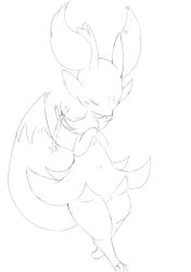 Rule 34 | 1girl, animal ear fluff, animal ears, animal feet, blush, body fur, braixen, closed eyes, creatures (company), female focus, flat chest, fox ears, fox girl, fox tail, full body, furry, furry female, game freak, gen 6 pokemon, greyscale, hands up, kajiura, monochrome, navel, nintendo, own hands together, pokemon, pokemon (creature), simple background, sketch, snout, solo, standing, stick, tail, white background