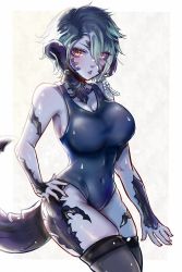 Rule 34 | 1girl, absurdres, akira-tama, au ra, warrior of light (ff14), black thighhighs, blue hair, blush, breasts, colored skin, dragon girl, dragon horns, dragon tail, final fantasy, final fantasy xiv, grey skin, hair over one eye, hand on own hip, highres, horns, large breasts, looking at viewer, one-piece swimsuit, scales, short hair, simple background, solo, swimsuit, tail, thighhighs, yellow eyes