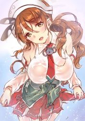 Rule 34 | 10s, 1girl, breasts, brown hair, clothes lift, female focus, garter straps, gradient background, kantai collection, large breasts, littorio (kancolle), long hair, miniskirt, necktie, otabe sakura, skirt, skirt lift, solo, wavy hair, wet, wet clothes
