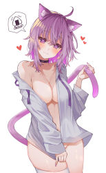 Rule 34 | 1girl, ahoge, animal ear fluff, animal ears, black choker, blush, breasts, cat ears, cat girl, cat tail, choker, closed mouth, cowboy shot, grey shirt, heart, heart-shaped pupils, highres, holding own tail, hololive, large breasts, long sleeves, looking at viewer, medium hair, nail polish, naked shirt, navel, nekomata okayu, nekomata okayu (oversized shirt), onigirya (nekomata okayu), open clothes, open shirt, purple eyes, purple hair, purple ribbon, ribbon, shirt, simple background, solo, spoken character, standing, symbol-shaped pupils, tail, thighhighs, uo illust, virtual youtuber, white background, white thighhighs