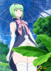 Rule 34 | 1girl, breasts, convenient censoring, dutch angle, francesca (isekai wa smartphone to tomo ni.), green hair, highres, isekai wa smartphone to tomo ni., leaf, leaf censor, outdoors, plant, screencap, short hair, stitched, thighhighs, thighs, third-party edit, yellow eyes