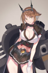 Rule 34 | 1girl, black skirt, breasts, brown hair, cleavage, collar, commentary request, gloves, green eyes, grey background, hairband, headgear, highres, kabocha (monkey4), kantai collection, large breasts, looking at viewer, metal collar, midriff, miniskirt, mutsu (kancolle), mutsu kai ni (kancolle), obi, parted lips, pleated skirt, radio antenna, sash, short hair, simple background, skirt, solo, swept bangs, thighs, turret, white gloves