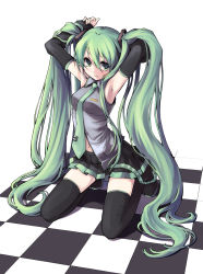 Rule 34 | 1girl, absurdres, armpits, arms up, checkered floor, colorized, detached sleeves, ginta, green eyes, green hair, hatsune miku, highres, long hair, matching hair/eyes, navel, necktie, perspective, saiste, skirt, solo, thighhighs, twintails, very long hair, vocaloid, zettai ryouiki