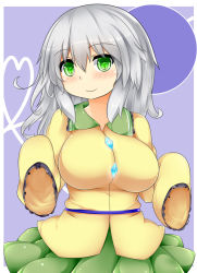Rule 34 | 1girl, blush, breasts, commentary request, female focus, green hair, komeiji koishi, large breasts, looking at viewer, md5 mismatch, miniskirt, no headwear, no headwear, revision, silver hair, simple background, skirt, sleeves past wrists, smile, solo, symbol-shaped pupils, touhou, us2s