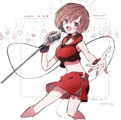 Rule 34 | 1girl, :d, bare arms, brown eyes, brown hair, commentary, crop top, feet out of frame, happy birthday, hazime, highres, holding, holding microphone, jacket, meiko (vocaloid), meiko (vocaloid3), microphone, microphone stand, midriff, miniskirt, navel, open mouth, outstretched arm, red jacket, red skirt, short hair, simple background, skirt, sleeveless, sleeveless jacket, smile, solo, standing, vocaloid, wrist cuffs