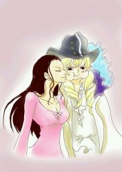 Rule 34 | 1boy, 1girl, artist request, black hair, blonde hair, blue eyes, blush, breasts, cavendish, cleavage, dress, hat, long hair, looking at another, nico robin, one piece, plume, purple eyes, smile