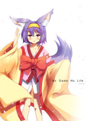 Rule 34 | 10s, 1girl, animal ear fluff, animal ears, artist name, bad id, bad pixiv id, beast girl, blush, bow, chestnut mouth, copyright name, fox ears, fox tail, hairband, hatsuse izuna, highres, japanese clothes, looking at viewer, nncat, no game no life, open mouth, purple hair, short hair, slit pupils, solo, tail, wide sleeves, yellow eyes
