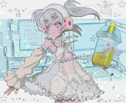 1girl cake cake_slice closed_mouth detached_sleeves dress food grey_hair hair_ornament hairclip highres medium_hair neck_ribbon original pink_eyes poin_(goruchopame) ribbon see-through_clothes see-through_dress sleeves_past_wrists smile solo star_(symbol) star_hair_ornament twintails white_ribbon white_sleeves