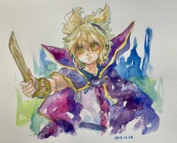Rule 34 | 1girl, blonde hair, cape, closed mouth, dated, earmuffs, hair between eyes, highres, holding baton, light smile, medium hair, one-hour drawing challenge, painting (medium), pointy hair, purple cape, shiroma (mamiko), shirt, simple background, sleeveless, sleeveless shirt, solo, touhou, toyosatomimi no miko, traditional media, upper body, watercolor (medium), white background, white shirt, yellow eyes