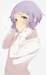 Rule 34 | 1girl, blush, border, commentary, expressionless, grey background, hands up, idolmaster, idolmaster million live!, long sleeves, looking at viewer, makabe mizuki, mochigome (ununquadium), playing with own hair, purple hair, short hair, sidelocks, solo, sweater, translation request, turtleneck, turtleneck sweater, upper body, wavy hair, white border, white sweater, yellow eyes