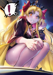 Rule 34 | !, 1girl, @ @, blonde hair, blush, bow, breasts, cape, collarbone, detached collar, earrings, ereshkigal (fate), fate/grand order, fate (series), hair bow, jewelry, long hair, looking at viewer, nail polish, night, night sky, outdoors, palms, pantyhose, parted bangs, pink nails, print cape, red bow, skull, sky, solo, spoken exclamation mark, squatting, star (sky), surprised, sweat, tiara, todee, tohsaka rin, two side up, very long hair, wavy mouth, white pantyhose, yellow eyes