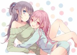 Rule 34 | 2girls, aoi89, bare shoulders, blue eyes, blush, from side, hair ribbon, hug, long hair, long sleeves, looking at viewer, looking to the side, multiple girls, one side up, open mouth, original, pink eyes, pink hair, polka dot, polka dot background, purple hair, ribbon, short shorts, shorts, simple background, smile, sweater, yuri