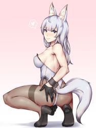 Rule 34 | 1girl, animal ears, black gloves, black pantyhose, blue eyes, blue hair, blush, breasts, covered erect nipples, fox ears, fox tail, gloves, gradient background, hand on own ass, heart, high heels, kageshio (276006), leotard, long hair, looking at viewer, matching hair/eyes, medium breasts, nontraditional playboy bunny, original, pantyhose, playboy bunny, sekka (kageshio), side ponytail, smile, solo, spoken heart, squatting, tail, thighband pantyhose, wrist cuffs