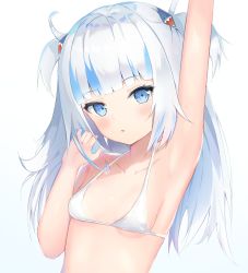 Rule 34 | 1girl, :o, absurdres, akinokazuya, alternate costume, arm up, armpits, bikini, blue background, blue eyes, blue hair, blunt bangs, blush, breasts, commentary, english commentary, gawr gura, gradient background, hair ornament, highres, hololive, hololive english, long hair, looking at viewer, multicolored hair, shark hair ornament, short twintails, silver hair, simple background, small breasts, solo, streaked hair, string bikini, swimsuit, twintails, two-tone hair, two side up, upper body, virtual youtuber, white background, white bikini