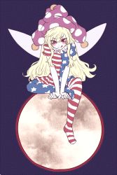Rule 34 | 1girl, american flag dress, american flag legwear, blonde hair, blush, clownpiece, collar, fairy wings, frilled collar, frilled shirt collar, frills, hat, jester cap, licking lips, long hair, looking at viewer, miata (miata8674), moon, pantyhose, polka dot, red eyes, shirt, short sleeves, simple background, sitting, sketch, solo, striped clothes, striped pantyhose, tongue, tongue out, touhou, wings