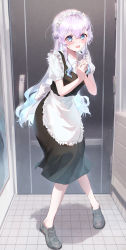 Rule 34 | 1girl, absurdres, apron, black dress, black footwear, blue eyes, blue hair, blush, collared shirt, commentary request, door, dress, eshineko, frilled apron, frills, full body, gradient hair, hair ornament, hairclip, highres, indoors, long hair, looking at viewer, maid headdress, multicolored hair, open clothes, original, own hands together, pinafore dress, purple hair, shirt, short sleeves, sleeveless dress, standing, tile floor, tiles, very long hair, waist apron, wavy mouth, white apron, white shirt