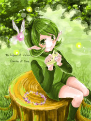 Rule 34 | 1girl, boots, copyright name, fairy, green eyes, green footwear, green hair, hairband, instrument, matching hair/eyes, nintendo, ocarina, pointy ears, saria (zelda), short hair, smile, solo, the legend of zelda, the legend of zelda: ocarina of time