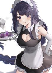 Rule 34 | 1girl, apron, blush, braid, breasts, censored, censored food, cleavage, cleavage cutout, clothing cutout, cowboy shot, dress, elbow gloves, frilled apron, frilled dress, frills, genshin impact, gloves, hair ornament, hand on own hip, highres, large breasts, long hair, looking at viewer, maid, maid headdress, mosaic censoring, nerua, purple eyes, purple hair, raiden shogun, simple background, single braid, sleeveless, smoke, solo, very long hair, white apron, white background, white gloves