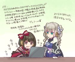 Rule 34 | 2girls, ainu clothes, aqua eyes, aquaplus, black eyes, breasts, brown hair, computer, curly hair, dress, frilled sleeves, frills, gloves, hair ribbon, laptop, leaning on object, leaning on table, long hair, long sleeves, maguneshigune, multiple girls, natoriitori, petari86stick, ribbon, robot, robot ears, robot girl, shirt, sidelocks, small breasts, speed lines, translation request, twintails, typing, utawarerumono, utawarerumono: lost flag, white gloves, white hair