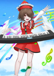 Rule 34 | 1girl, :d, arm up, blue sky, brown eyes, brown hair, commentary request, commission, feet out of frame, frilled hat, frills, hair over one eye, hat, highres, instrument, keyboard (instrument), kuro wa shinoru, long sleeves, lyrica prismriver, musical note, open mouth, outdoors, red hat, short hair, skeb commission, sky, smile, solo, touhou