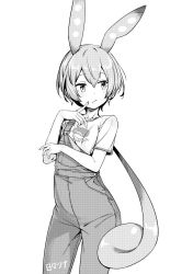 Rule 34 | 1girl, :t, animal ears, artist name, commentary, contrapposto, cowboy shot, finger to cheek, food print, greyscale, hibi tsuna, looking to the side, monochrome, short hair, short sleeves, solo, standing, suspenders, voiceroid, voicevox, zunda mochi, zundamon