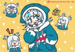 Rule 34 | 1girl, :d, animal hood, blue eyes, blue hoodie, blunt bangs, blush, caroline director, chibi, d:, dated, evil grin, evil smile, expressions, gawr gura, gawr gura (1st costume), grin, hand in pocket, hand on own chin, happy, highres, hololive, hololive english, hood, hoodie, medium hair, multicolored hair, multiple views, open mouth, pocket, shark hood, sharp teeth, signature, silver hair, smile, solid circle eyes, tagme, teeth, twitter username, two side up, virtual youtuber, wide sleeves, yellow background