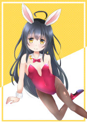 Rule 34 | 1girl, alternate costume, animal ears, bed, black hair, bow, bowtie, breasts, brown pantyhose, commentary request, crescent, crescent pin, detached collar, full body, kantai collection, leotard, long hair, mikazuki (kancolle), pantyhose, playboy bunny, rabbit ears, red bow, red bowtie, red leotard, sitting, small breasts, solo, strapless, strapless leotard, takamoto akisa, wrist cuffs, yellow eyes, yokozuwari